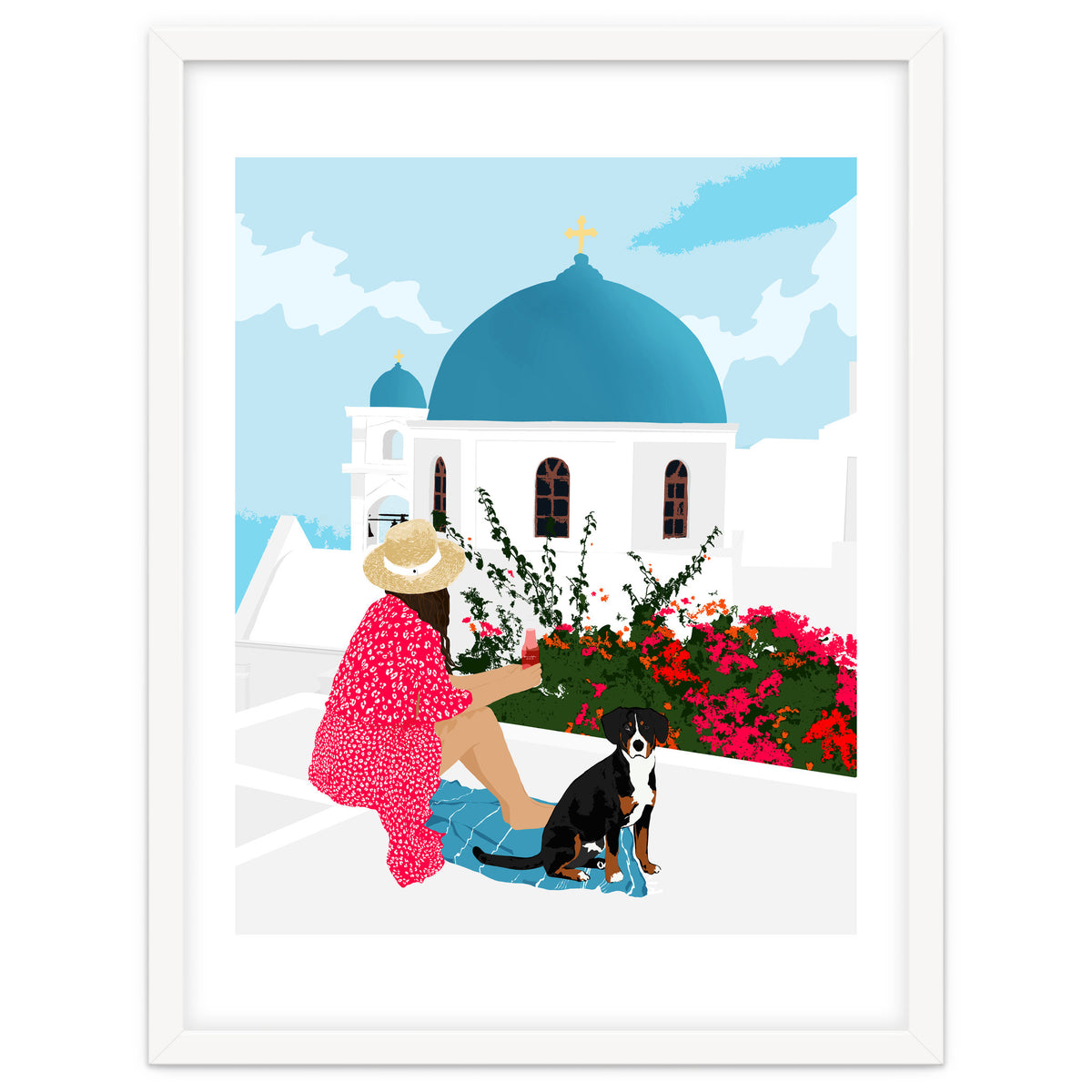 Greek Staycation, Pets Santorini Tropical Summer Travel, Dog White Buildings Architecture Fashion Bohemian