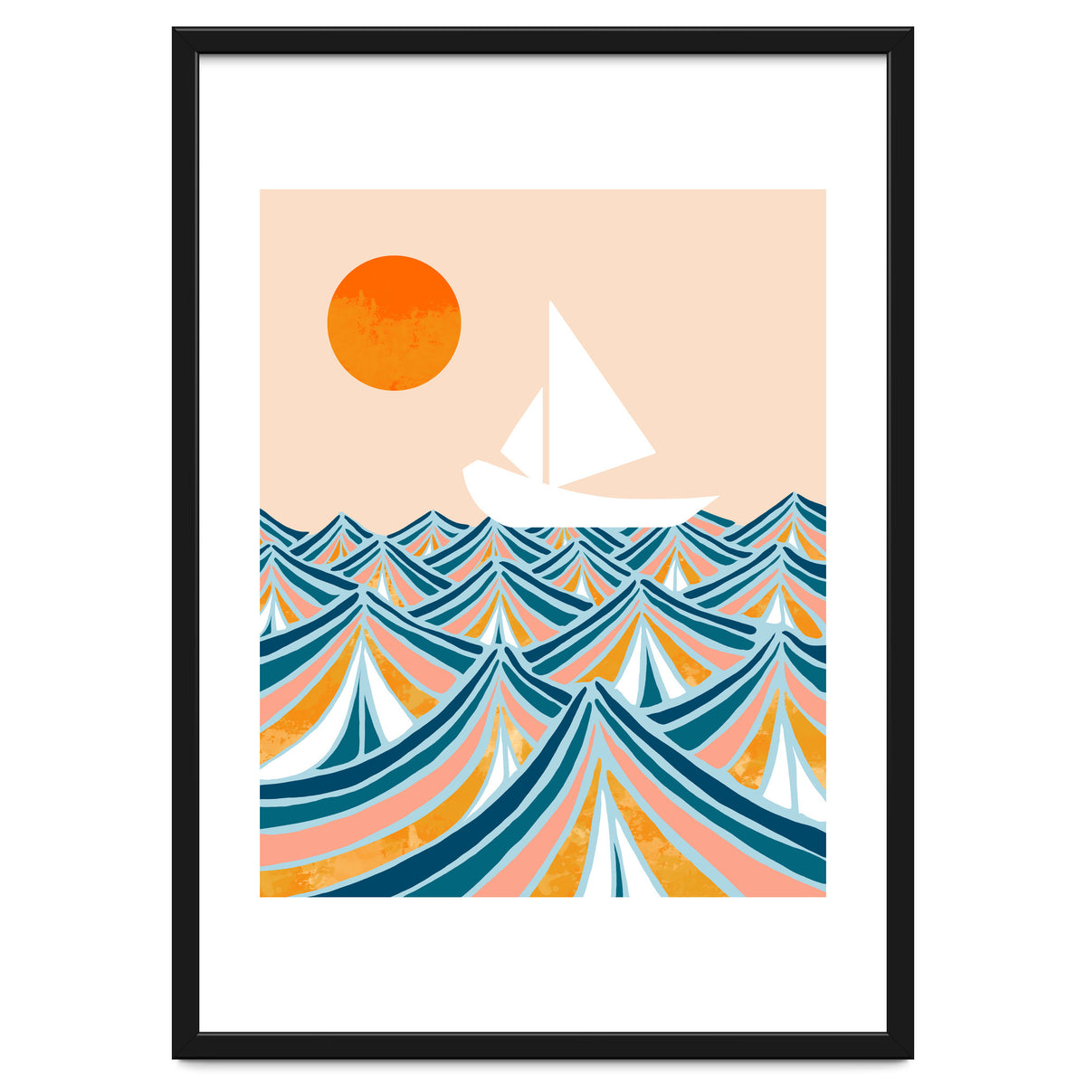 Set Sail, Ocean Boat Sailing Travel, Sea Cruise Summer Waves, Graphic Design Bohemian Modern Eclectic