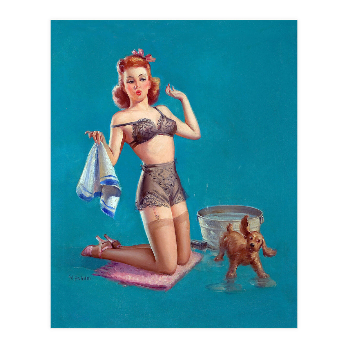 Pinup Girl Bathing A Dog (Print Only)
