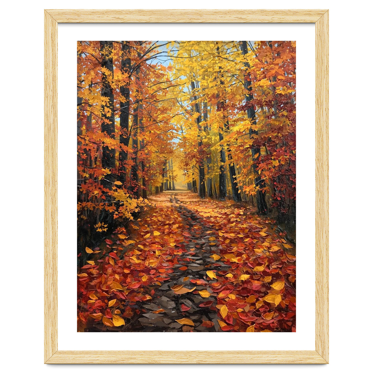 Sun-Drenched Golden Forest Path with Vibrant Autumn Foliage