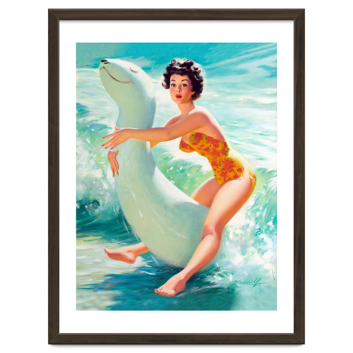 Happy Pinup Girl On The Beach Hugging Her Rubber Toy