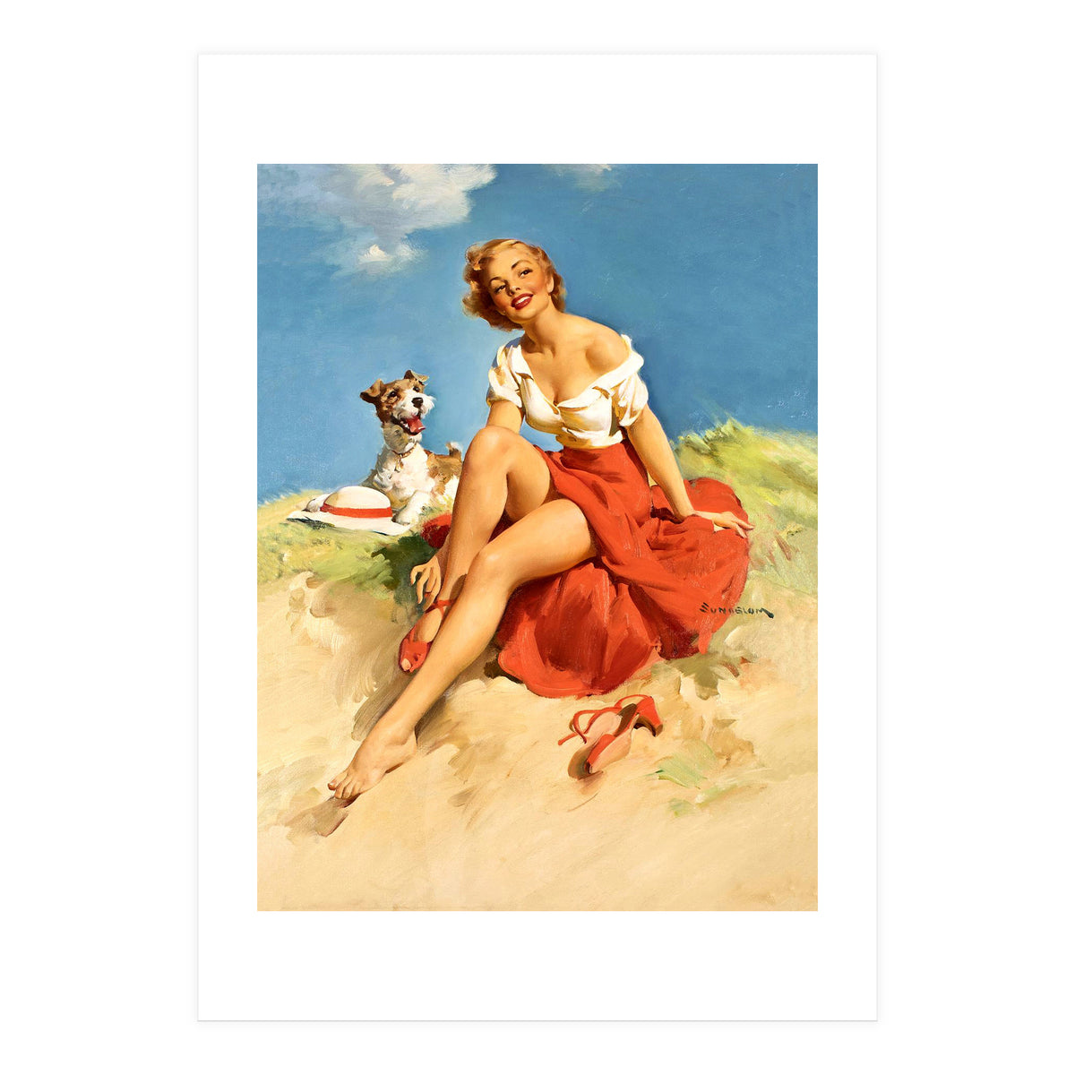 Sexy Pinup Girl On The Beach With Her Dog (Print Only)