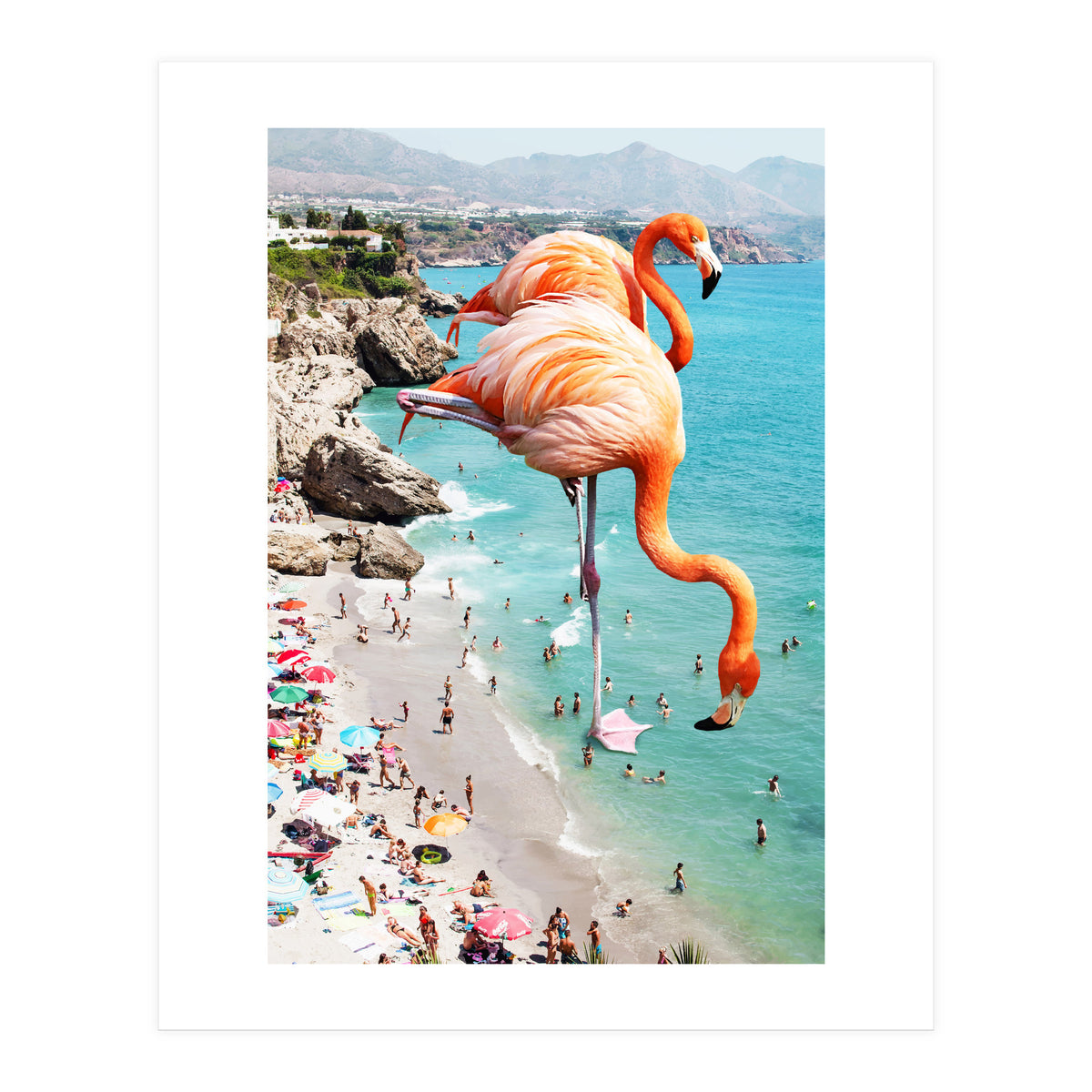 Flamingos on the Beach, Wildlife Surrealism Birds, Nature Flamingo Fantasy Beach Summer Photography (Print Only)
