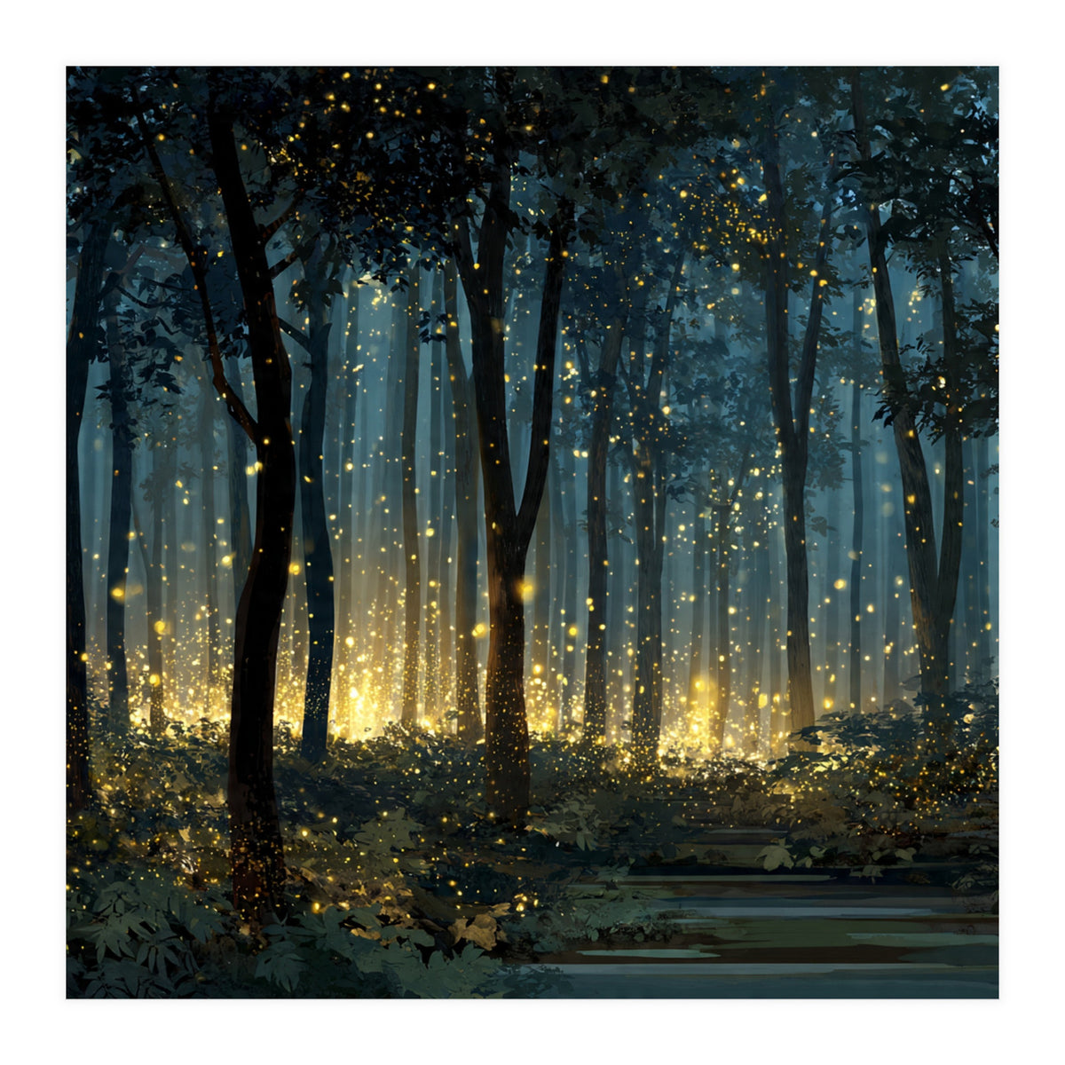 Enchanted Midnight Forest with Glowing Fireflies (Print Only)