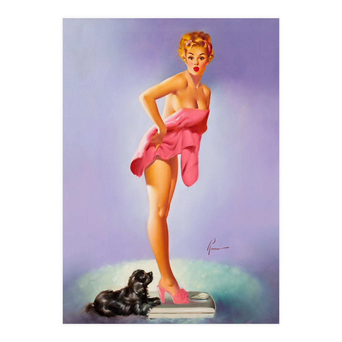 Pinup Girl On A Scale With Her Little Black Dog Behind (Print Only)