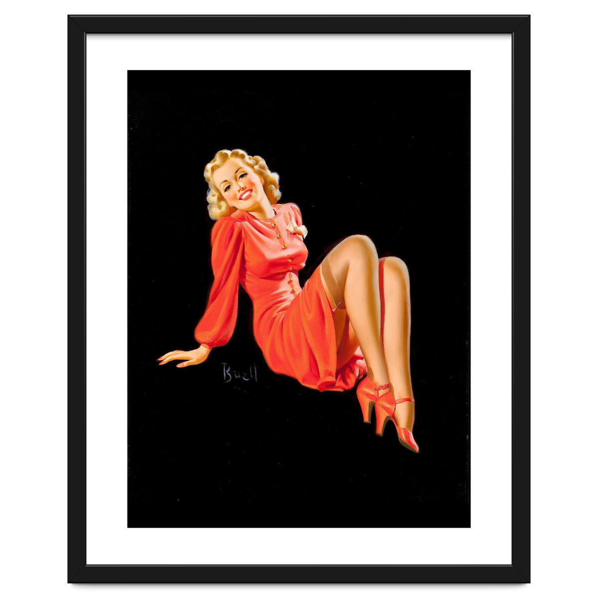 Smiling Pinup Woman Posing In Red Dress