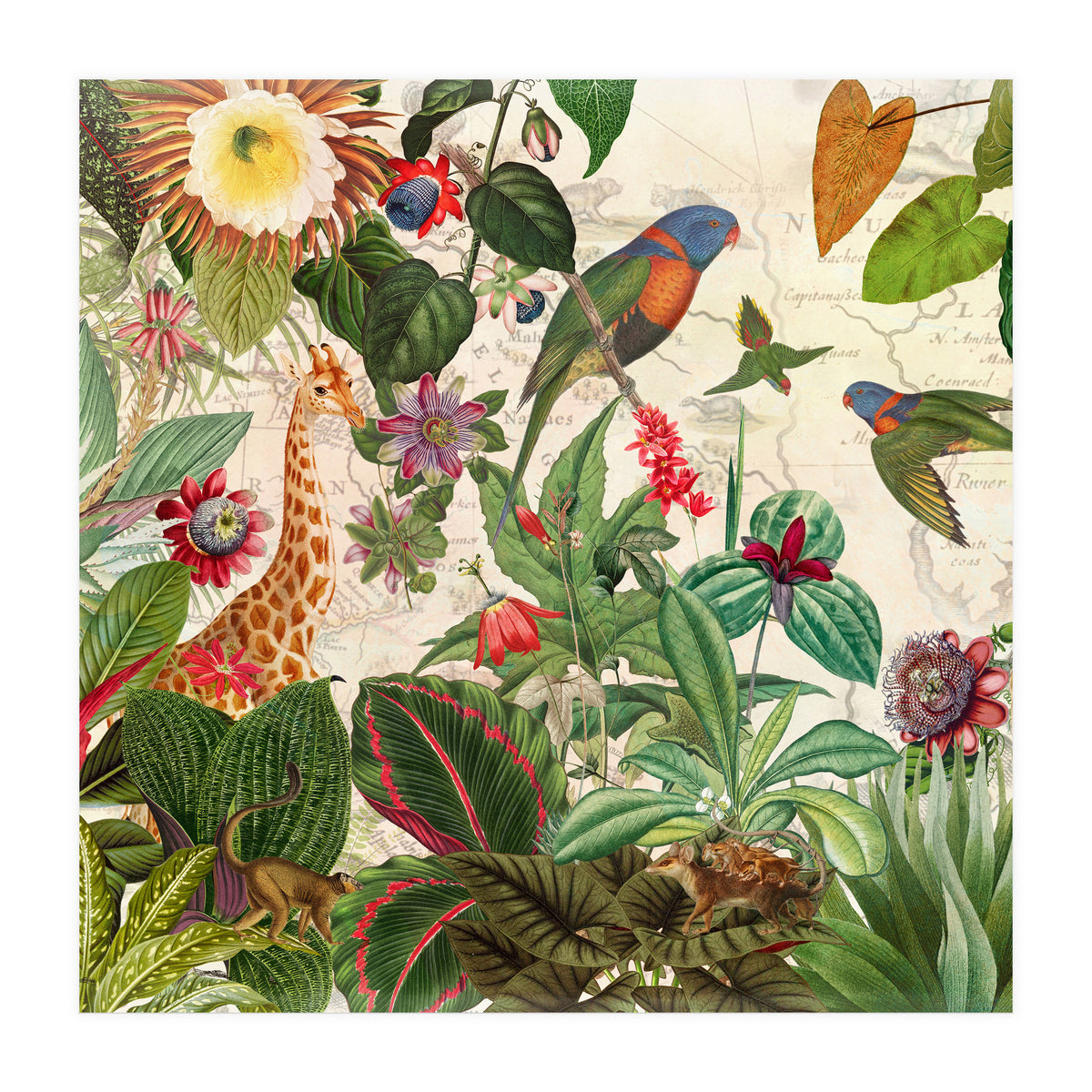 Exotic Lush Jungle And Wild Animals Landscape (Print Only)