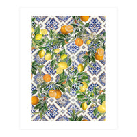 Blue Mediterranean tiles, lemons and oranges fruit (Print Only)