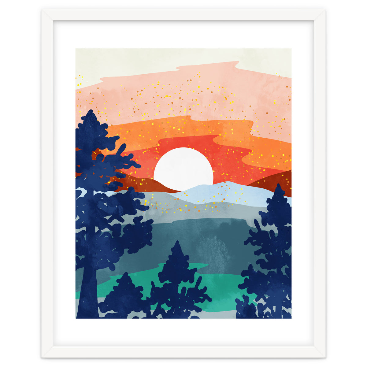 A Magical Sunset, Landscape Nature Illustration, Minimal Bohemian Painting, Mountains Adventure Travel