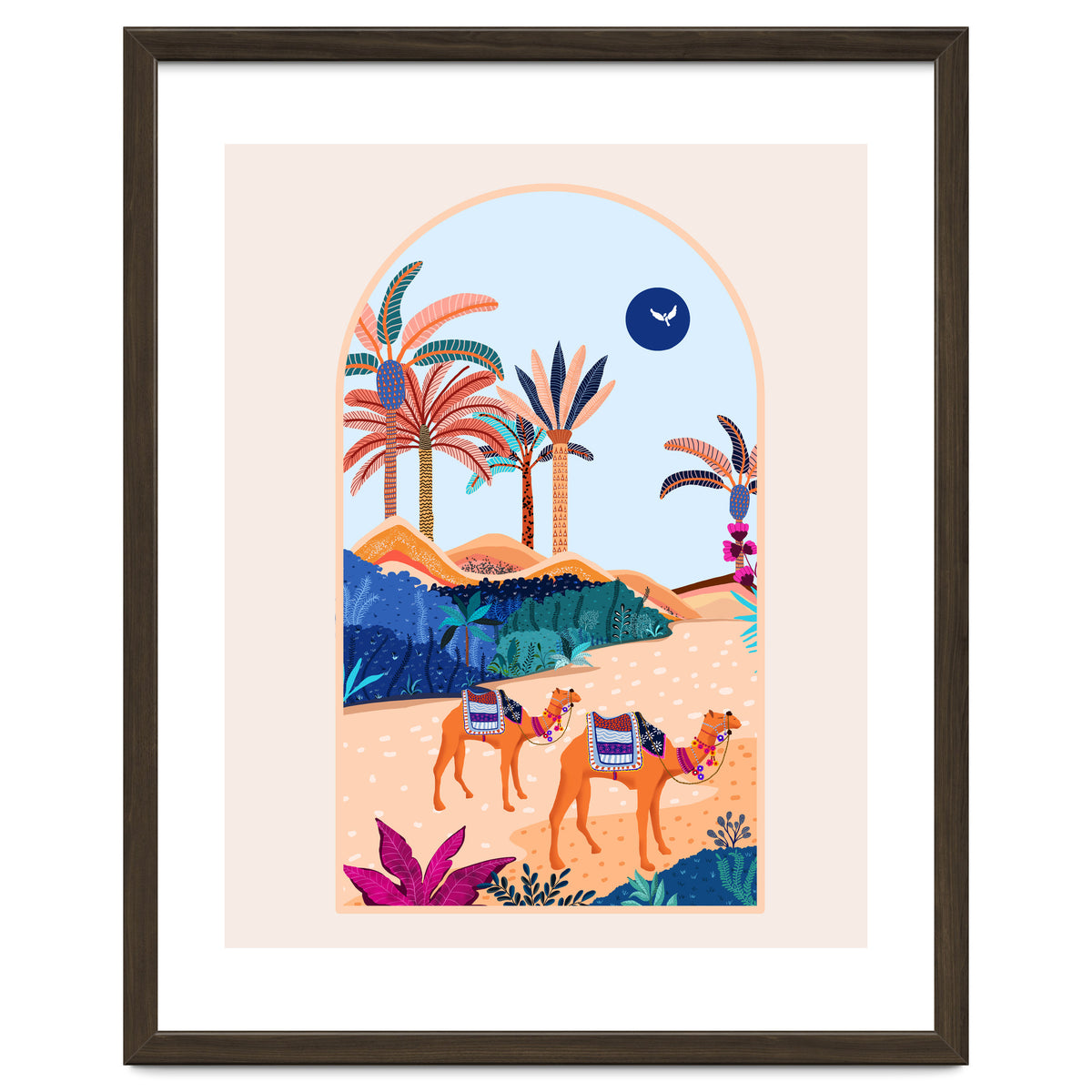 The Arabian Desert, Nature Landscape Travel Illustration, Camels Eclectic Sand Dunes Dubai Palm, Sahara Middle East Hot Summer Animals Bohemian