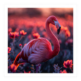 Pink Flamingo Bird Standing Among Flowers At Sunset (Print Only) thumbnail