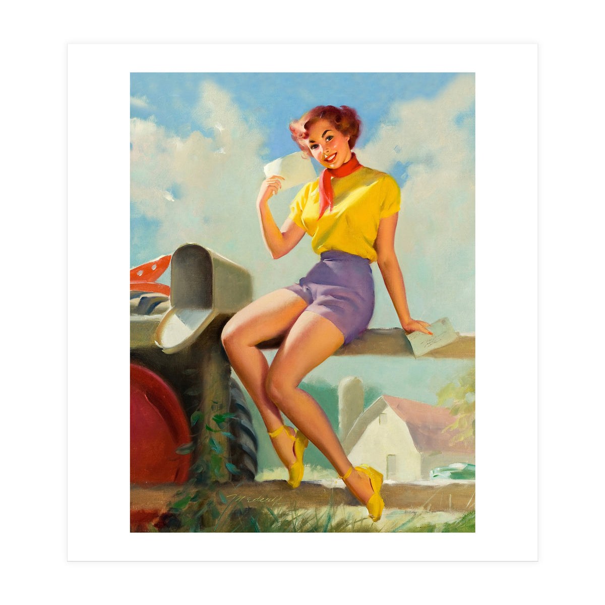 Pinup Girl On A Fence Showing A Love Letter (Print Only)