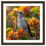 Hummingbird Perched On Orange Flowers thumbnail