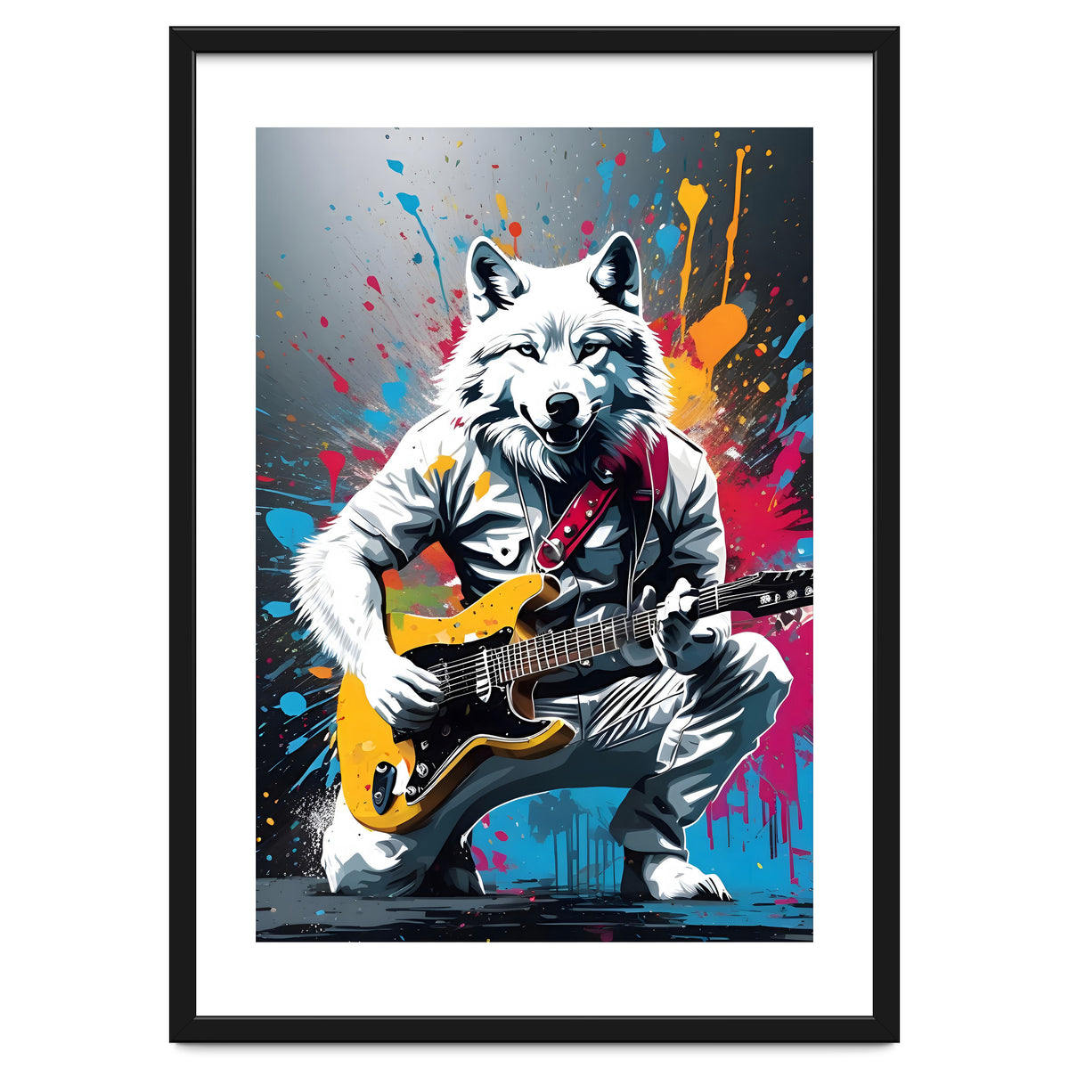Wolf playing guitar, graffiti
