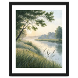 Serene River Sunrise Watercolor Painting with Meadow Grasses and Warm Golden Atmosphere Landscape thumbnail