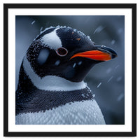 Close Up Penguin Portrait In Snowy Weather
