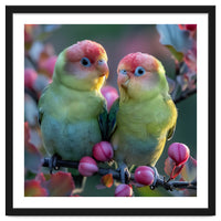 Two Lovebirds On A Branch Surrounded By Berries