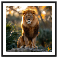 Majestic Lion Sitting On A Rock At Sunset