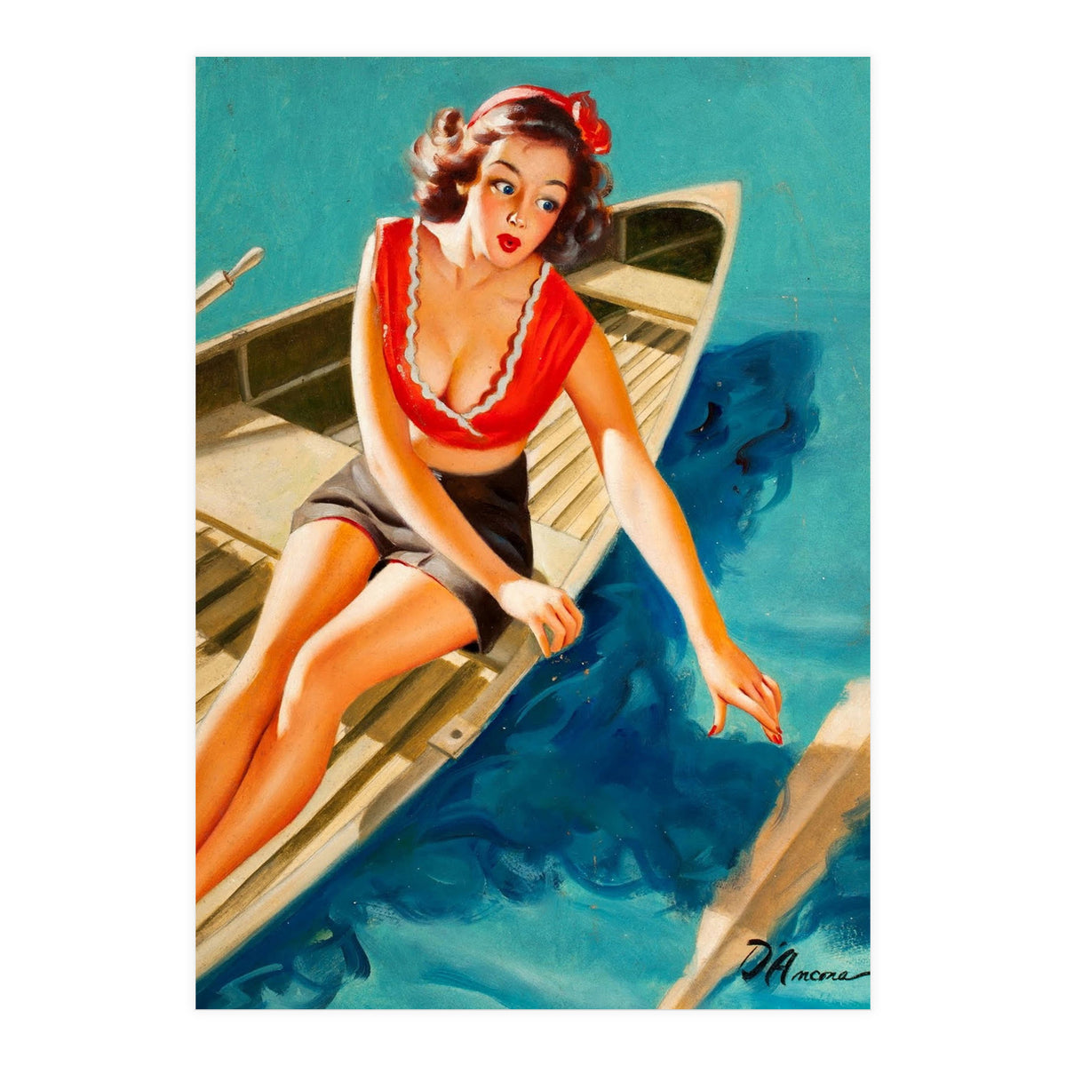 Pinup Sexy Girl In A Boat And A Lost Paddle (Print Only)
