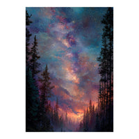 Magical Milky Way Night Sky over Pine Forest Silhouette Art (Print Only)