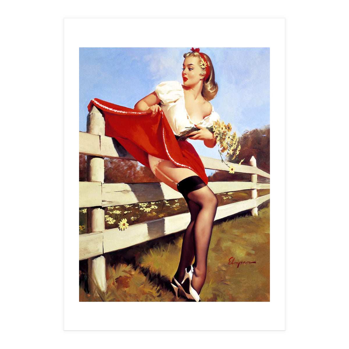 Pinup Girl Stacked On The Farm Fance (Print Only)