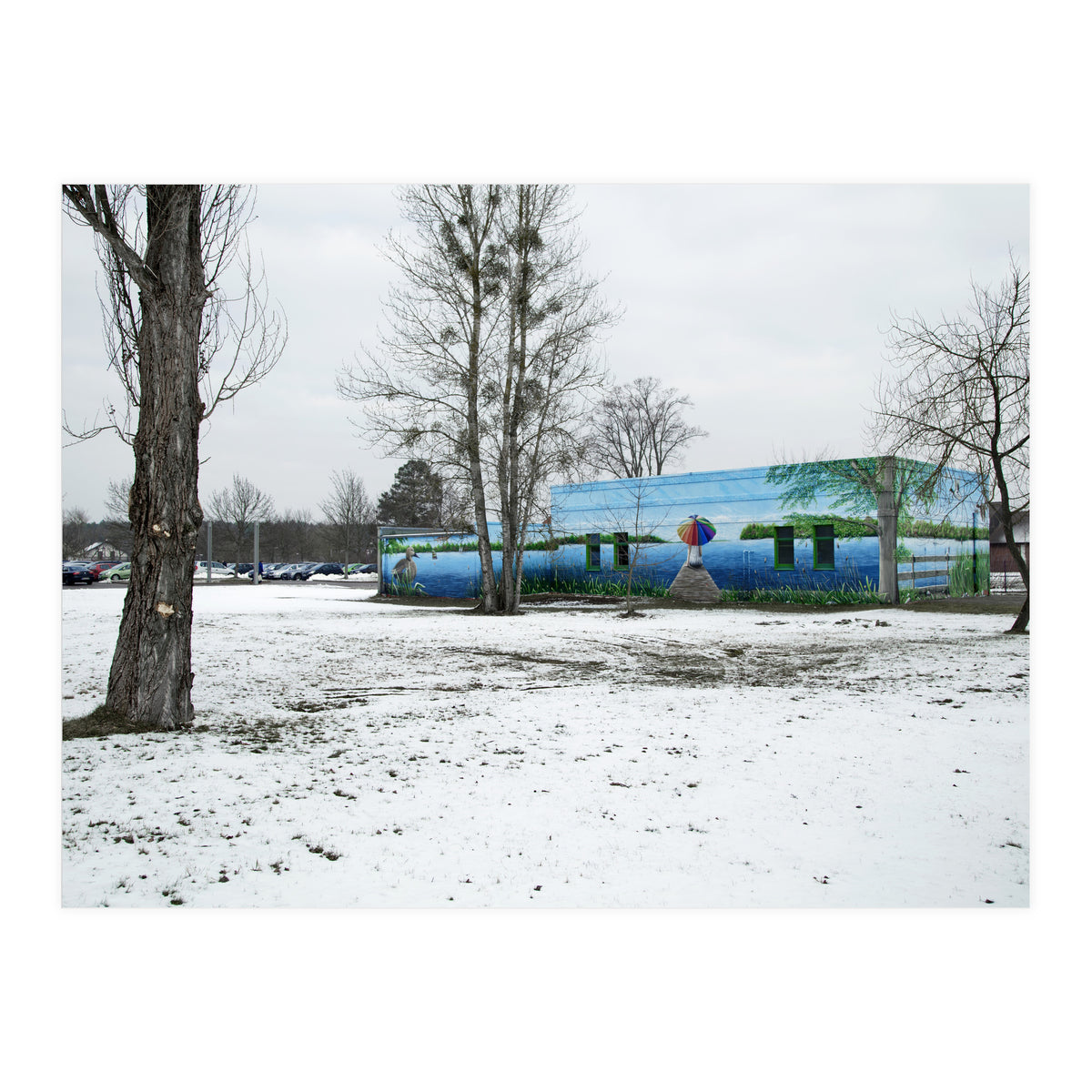 Colorful barn in the snowy ground landscape (Print Only)