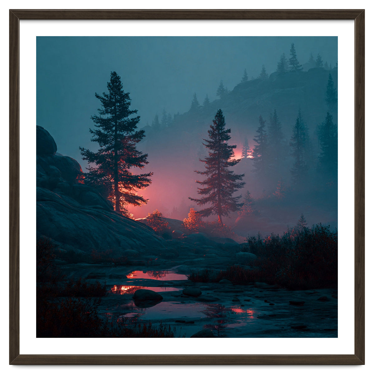 Atmospheric Twilight Pine Forest with Glowing Crimson Light