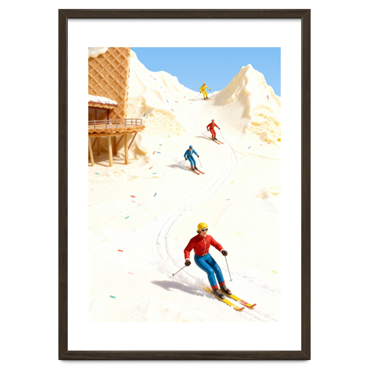 Skiing on Ice Cream Mountains, Miniature Skiers Winter Art Print for Kitchen Decor