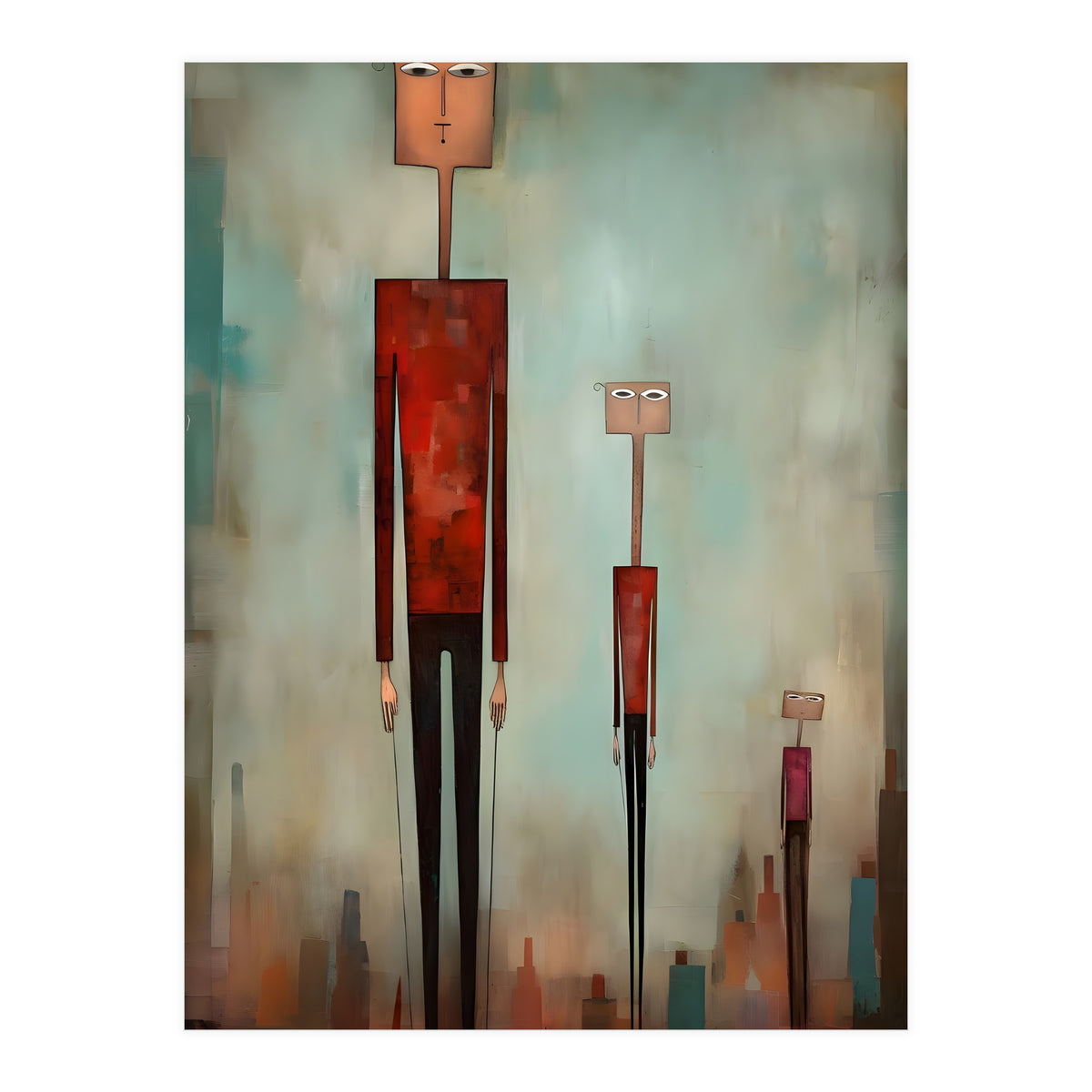 CITY HEIGHTS, three human-like forms of differing heights loom over the city below. (Print Only)