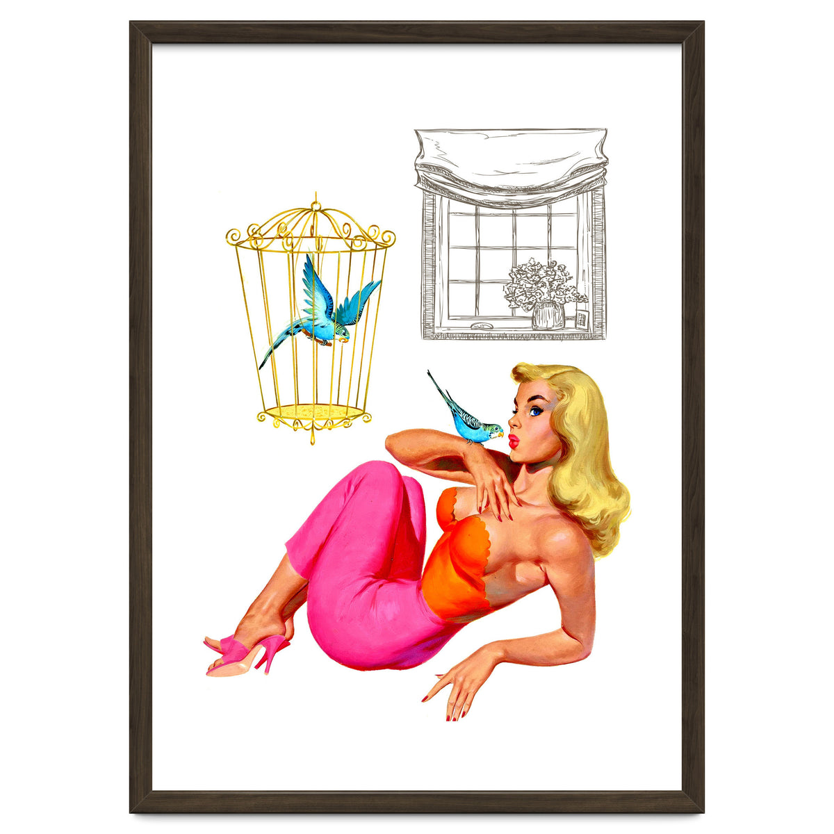 Pinup Girl With Two Birds