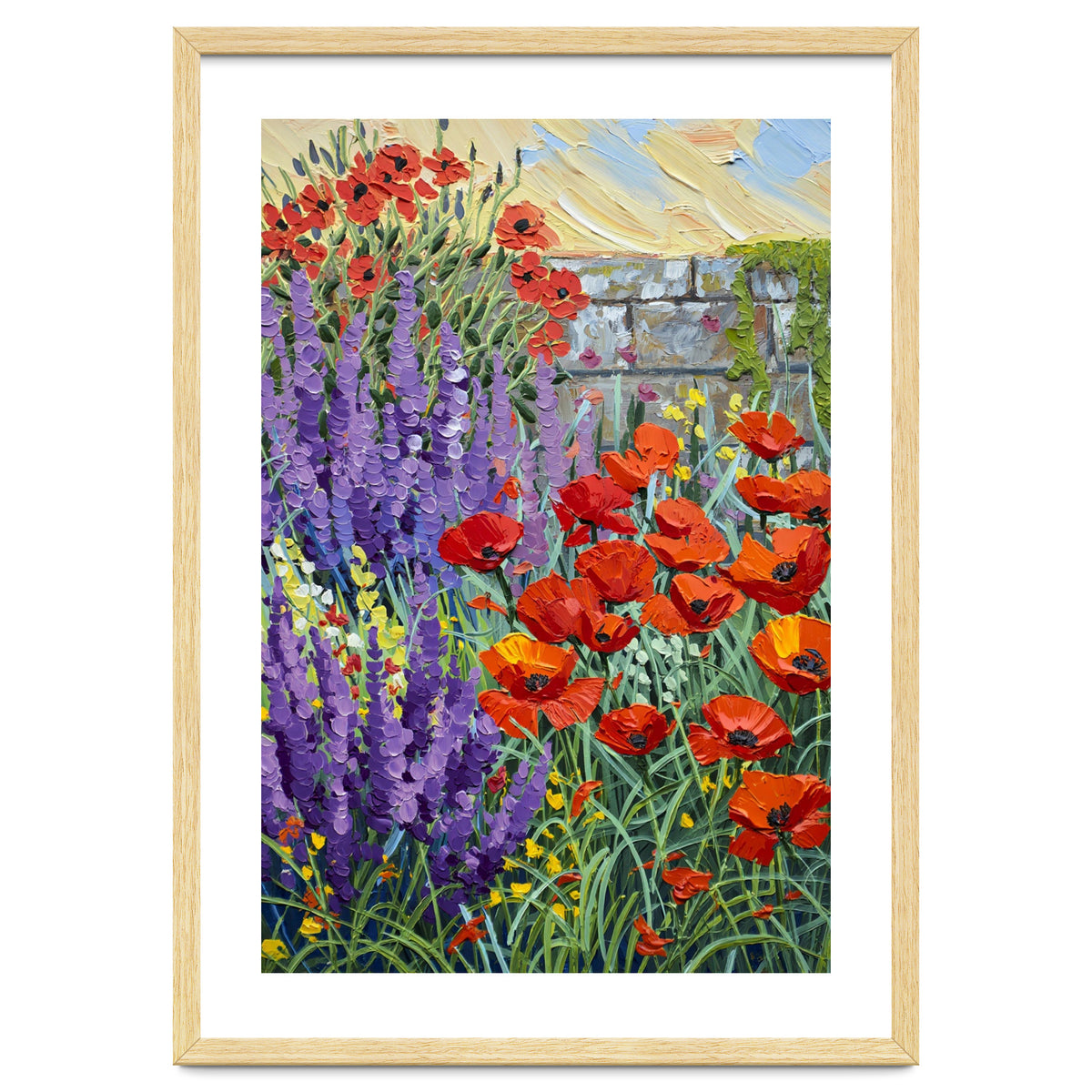 Vibrant Summer Poppy and Lavender Garden Oil Painting