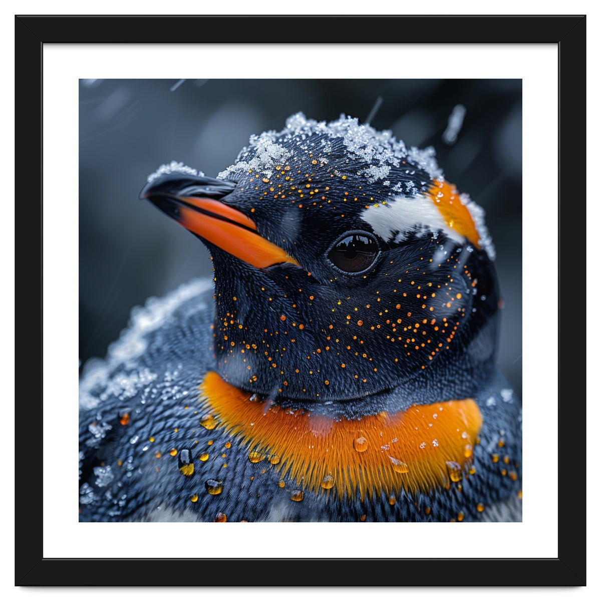 Close Up Penguin In Snow With Water Droplets