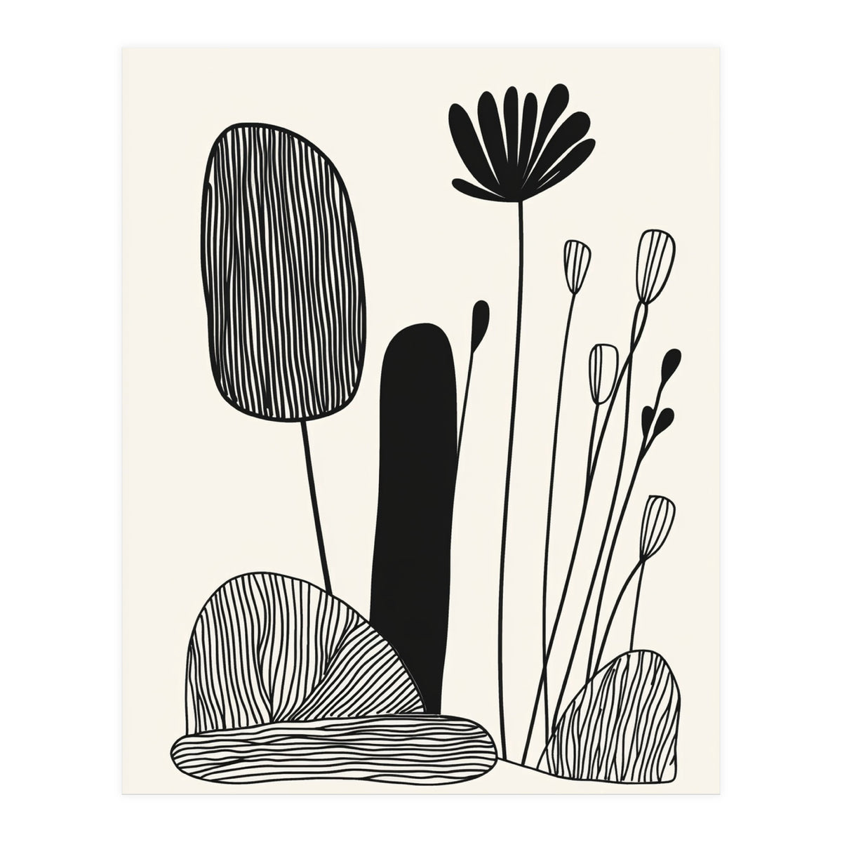 Abstract Black And White Botanical Illustration With Organic Shapes (Print Only)