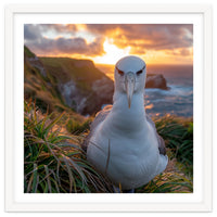 Albatross Bird On Grassy Cliff At Sunset