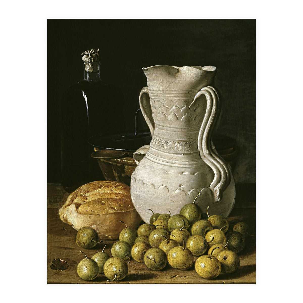 Luis Egidio Meléndez: 'Still Life with Small Pears, Bread, White Pitcher, Glass Bottle, and.., 1760. (Print Only)