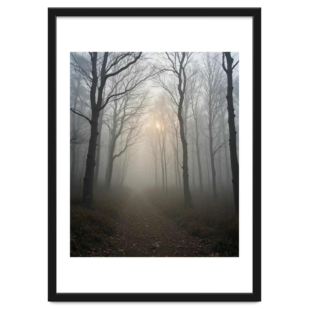 Ethereal Morning Light Breaking Through Dense Forest Fog