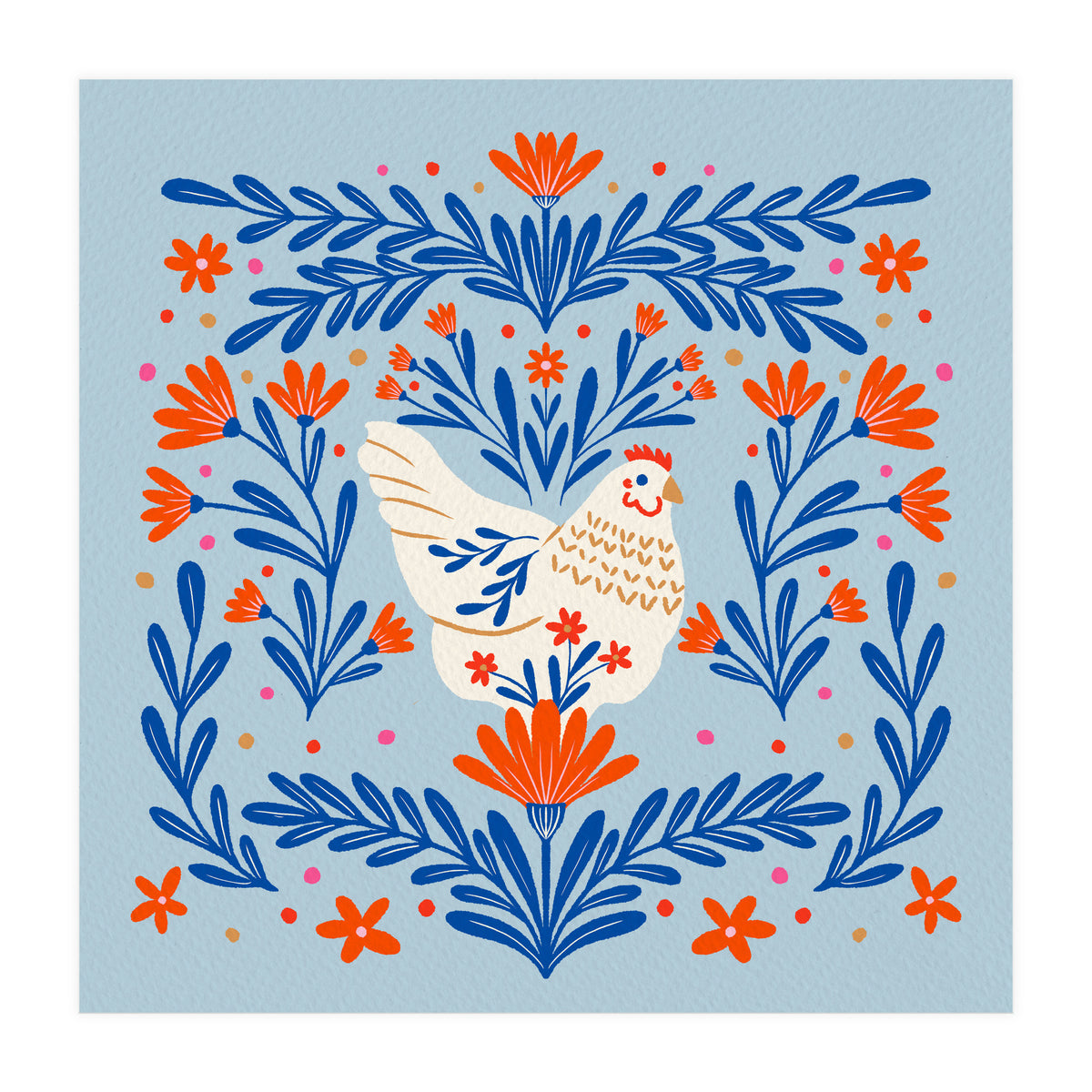 Blooming Chicken Blue And Orange (Print Only)