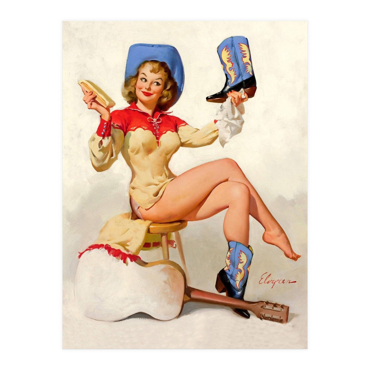 Pinup Sexy Cowgirl Cleaning Her Boots (Print Only)