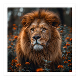 Majestic Lion Portrait In Orange Flowers (Print Only) thumbnail
