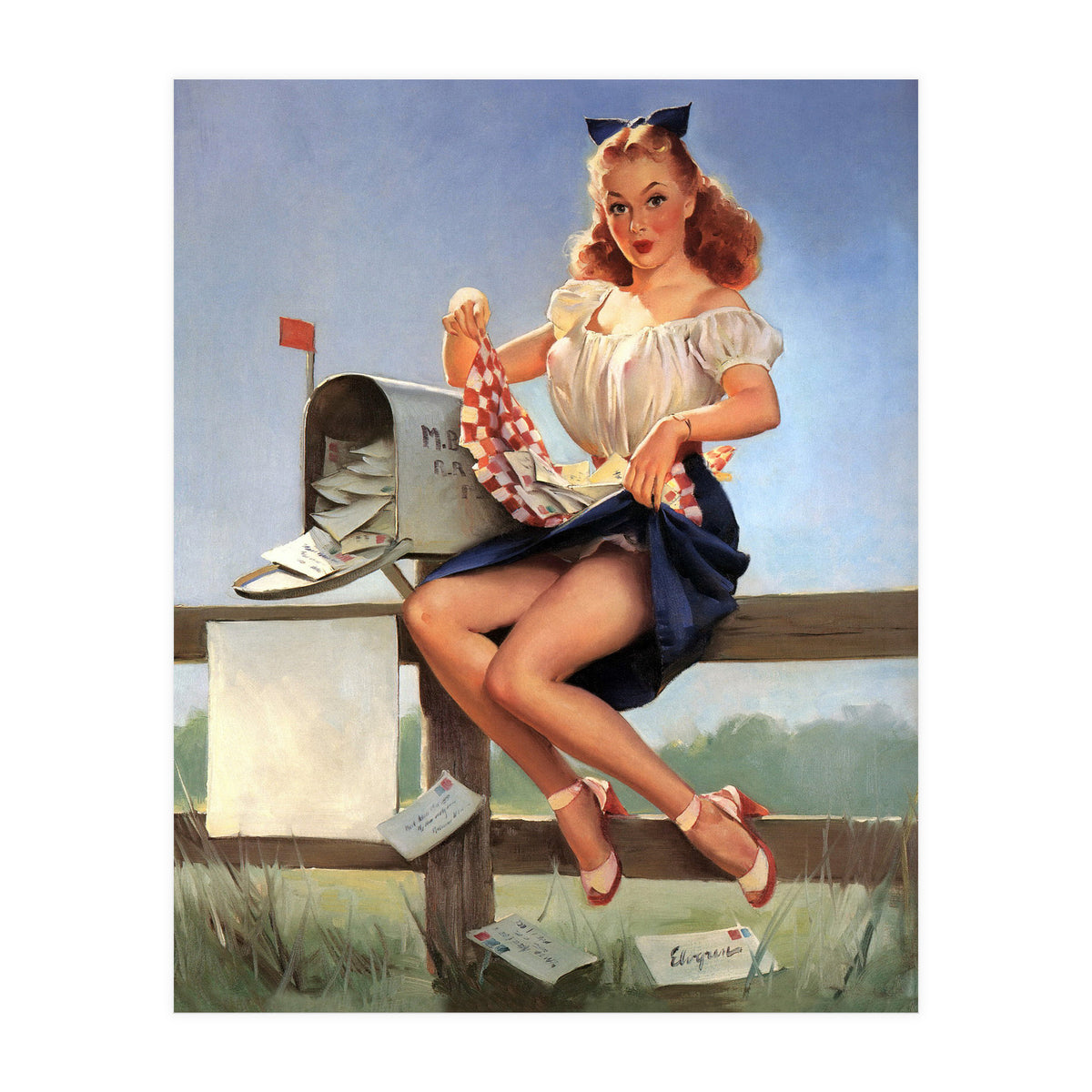 Countryside Pinup Girl Posing On A Fence With Love Letters And A Full Mailbox (Print Only)