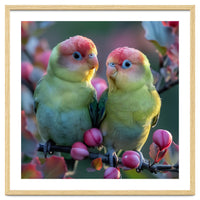 Two Lovebirds On A Branch Surrounded By Berries