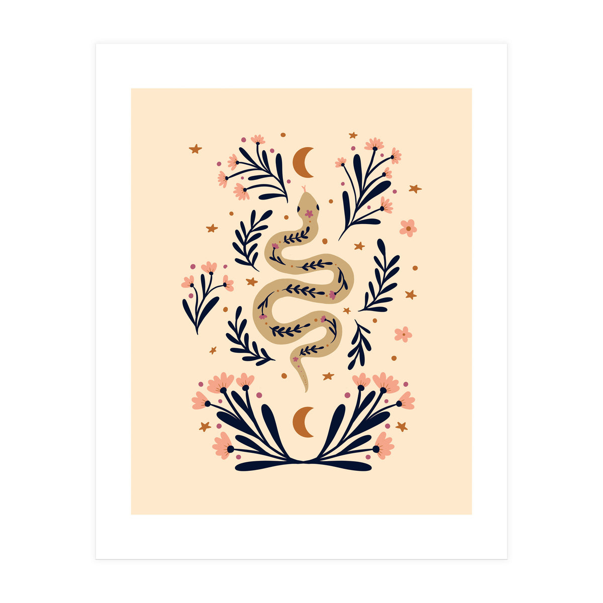 Snake And Flowers Beige And Indigo (Print Only)