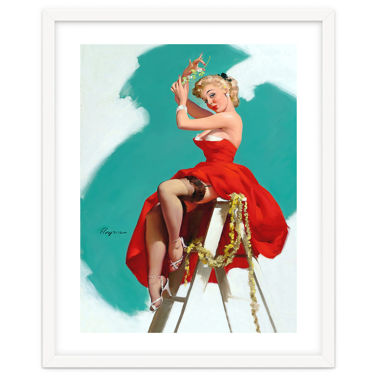 Sexy Pinup Girl In Red Dress Posing On a Ladder