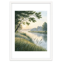 Serene River Sunrise Watercolor Painting with Meadow Grasses and Warm Golden Atmosphere Landscape
