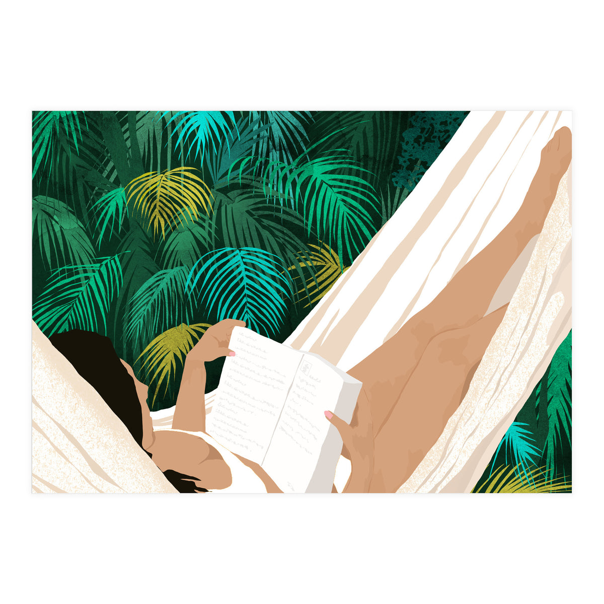 Summer Hammock Reading, Tropical Jungle Travel, Watercolor Nature Bohemian Forest Plants, Palm Beach (Print Only)