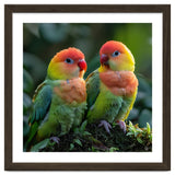 Lovebirds Perched Together On Mossy Branch thumbnail