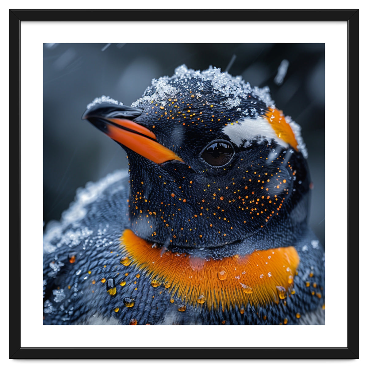 Close Up Penguin In Snow With Water Droplets