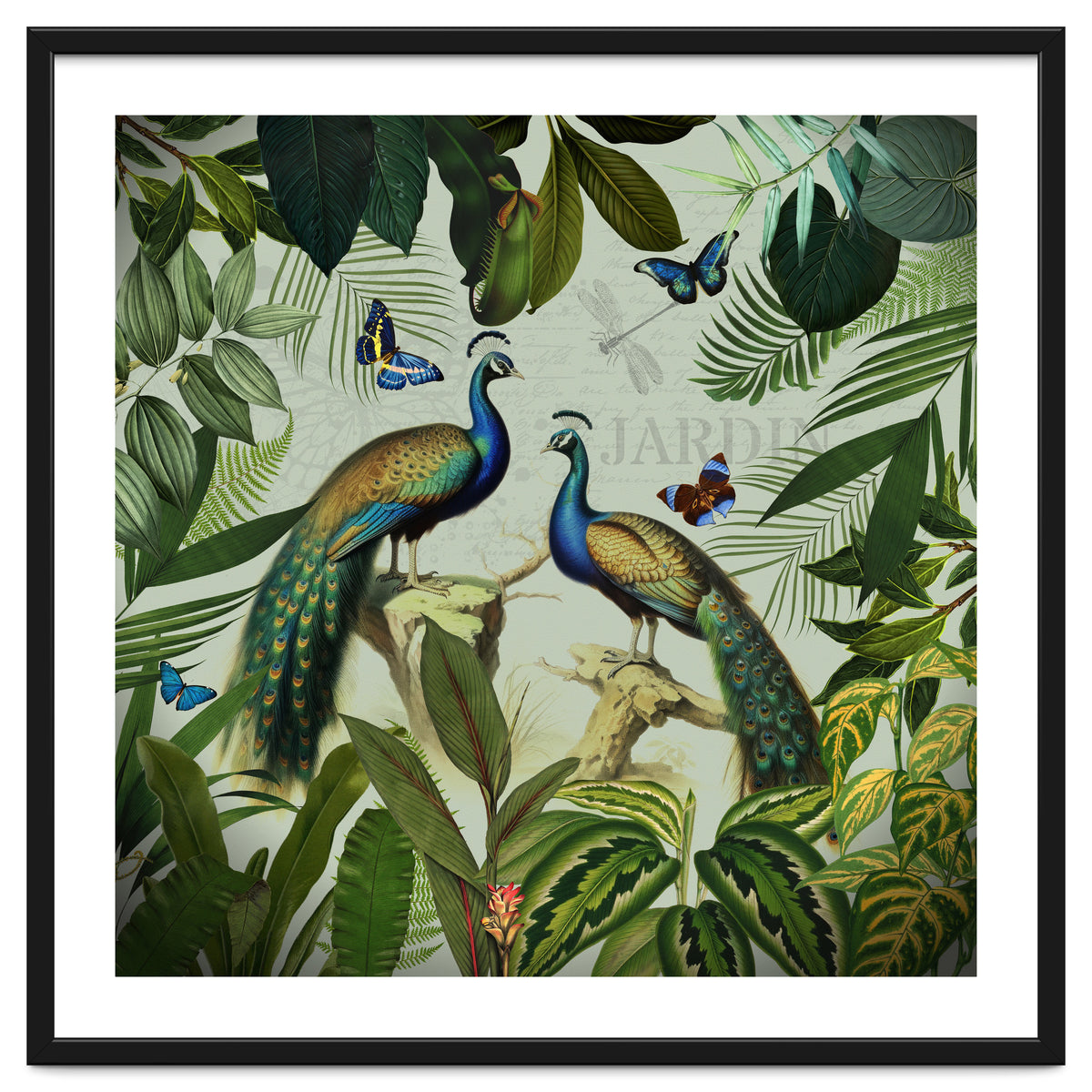 Vintage Exotic Asian Peacocks In Tropical Jungle Landscape
