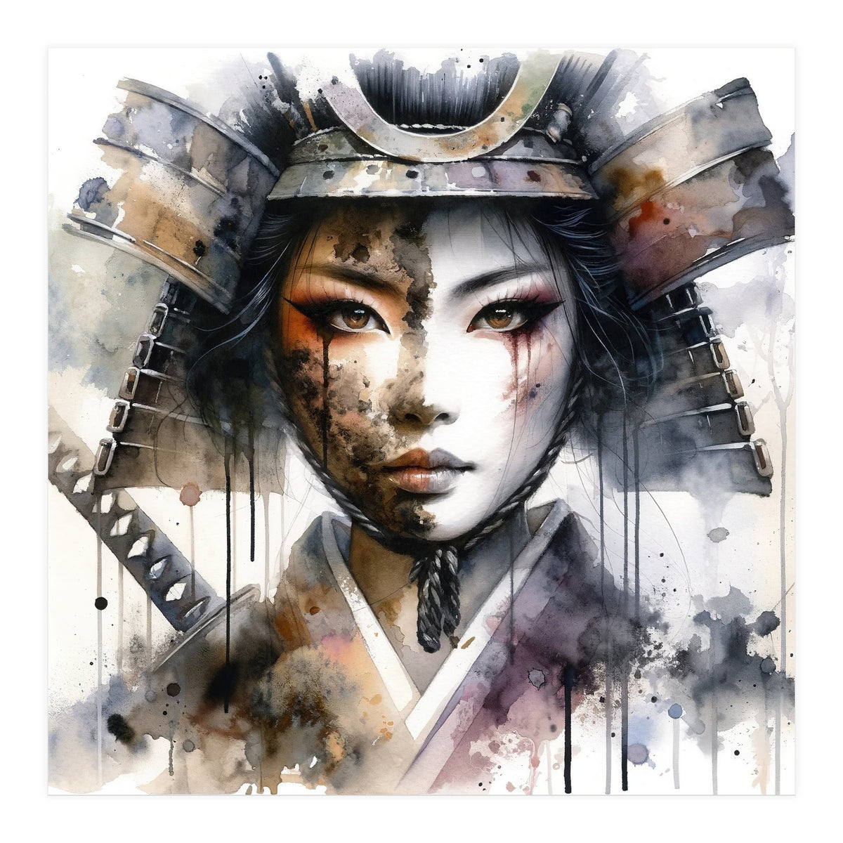 Ink Veil Asian Warrior Woman Portrait (Print Only)