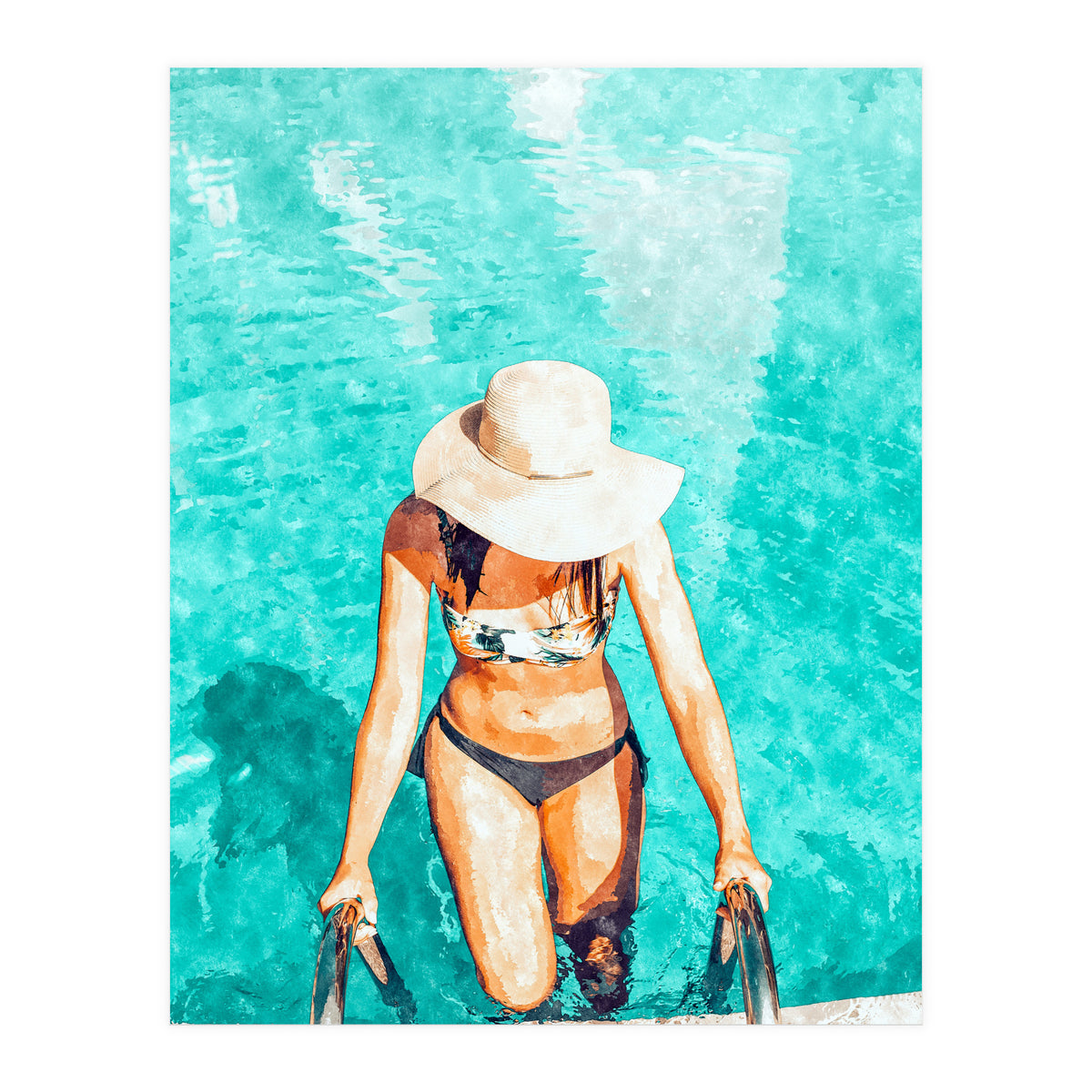 Pool Fashion | Modern Bohemian Woman Swim Watercolor Painting | Contemporary Travel (Print Only)